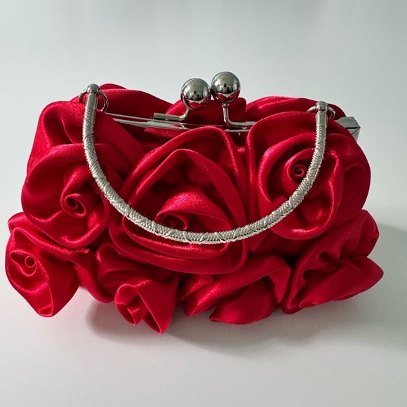 Gorgeous Satin Red Rose Evening Bag with Silver Hardware - Picture 2 of 11